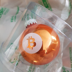Bitcoin Weihnachtskugeln in Orange mit Bitcoin Logo